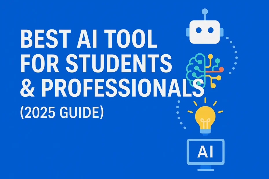 Feature image showcasing the best AI tool for students and professionals in 2025, highlighting top free AI tools, AI apps for productivity, content creation, and education, with icons representing AI chatbot, neural network, lightbulb, and computer screen
