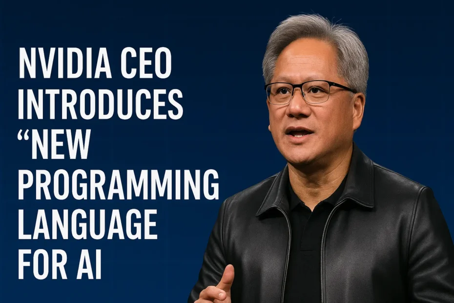 Jensen Huang, CEO of Nvidia, introducing a new AI programming language during a keynote presentation, with bold text on a digital blue background