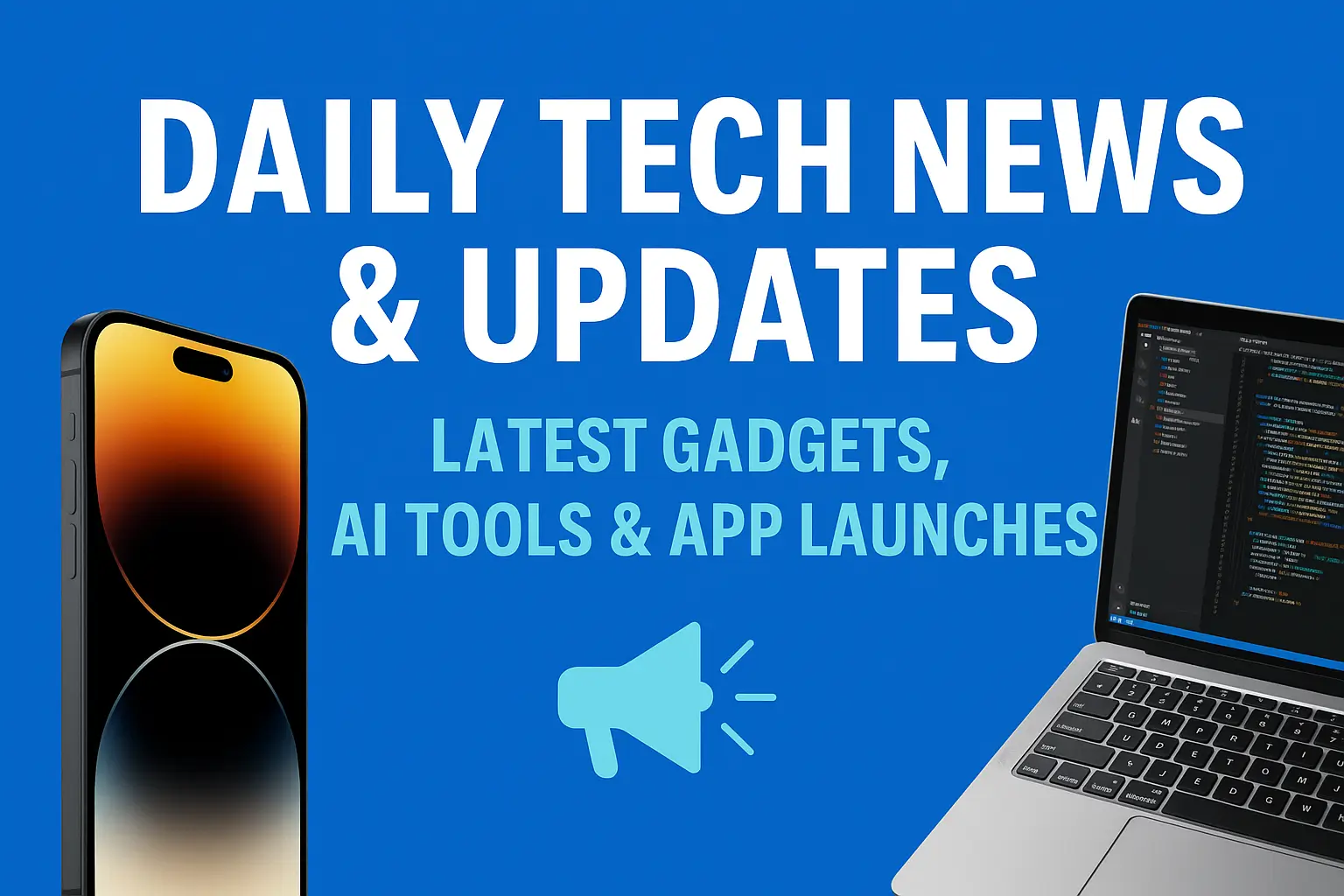 Daily Tech News and Updates banner showing smartphone, laptop, and AI tools