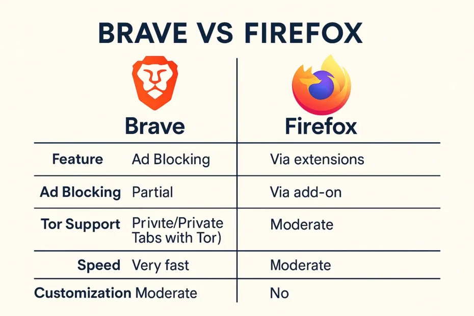 Infographic comparing Brave and Firefox browsers in 2025, showing differences in ad blocking, Tor support, speed, and customization features.