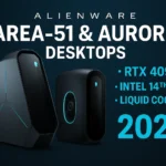 Alienware Area‑51 and Aurora desktops 2025 with RTX 4090, Intel 14th Gen, and liquid cooling highlighted in a promotional banner