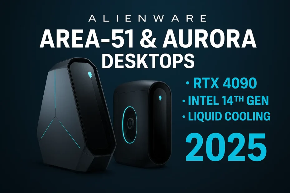 Alienware Area‑51 and Aurora desktops 2025 with RTX 4090, Intel 14th Gen, and liquid cooling highlighted in a promotional banner