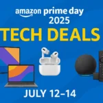 Amazon Prime Day 2025 tech deals promotional banner featuring smart TV, laptop, wireless earbuds, and Amazon Echo Dot with Fire TV Stick, dated July 12–14 on a blue background