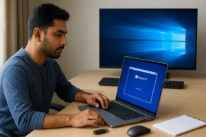 Indian man installing Windows 10 using bootable USB on a laptop