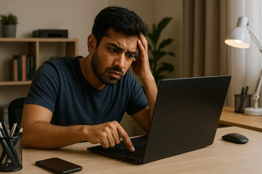 Laptop not turning on with power button pressed and a confused user sitting in front, indoor setting, tech support concept