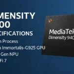 MediaTek Dimensity 9400 specifications highlighted with 3nm process, Arm Immortalis-G925 GPU, 8th Gen NPU, and Wi-Fi 7 on a digital blue gradient background featuring the chipset image