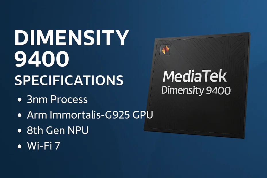 MediaTek Dimensity 9400 specifications highlighted with 3nm process, Arm Immortalis-G925 GPU, 8th Gen NPU, and Wi-Fi 7 on a digital blue gradient background featuring the chipset image