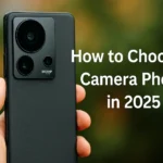 Person holding a modern smartphone with a large 200MP camera module, with text overlay reading ‘How to Choose a Camera Phone in 2025’ against a blurred background