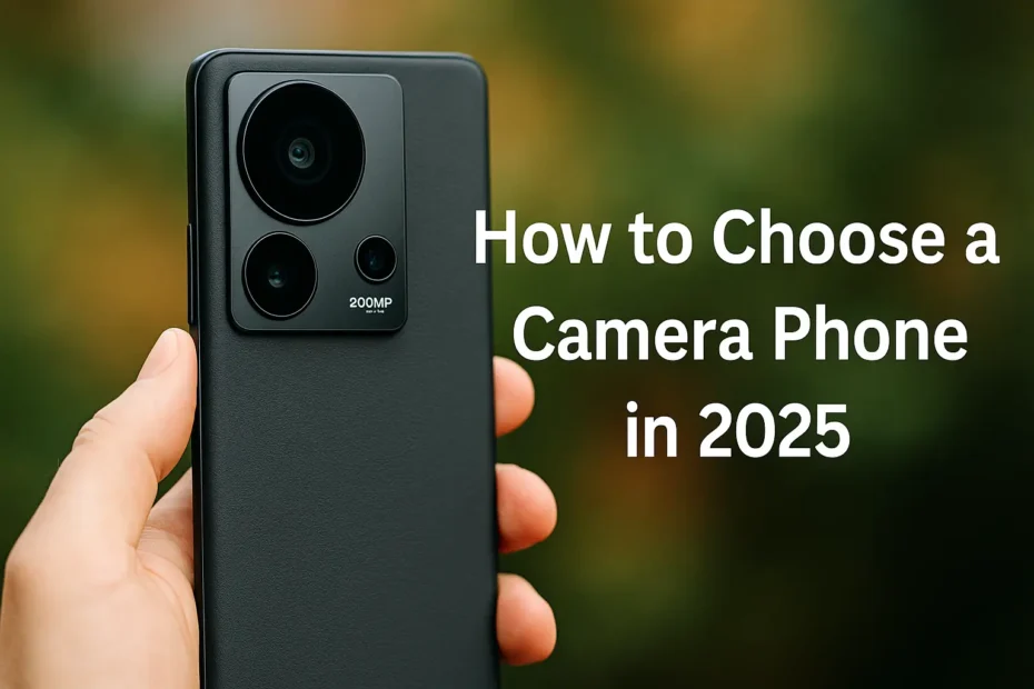 Person holding a modern smartphone with a large 200MP camera module, with text overlay reading ‘How to Choose a Camera Phone in 2025’ against a blurred background