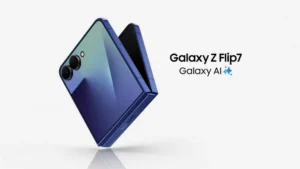 Samsung Galaxy Z Flip7 in lavender color showcasing its edge-to-edge FlexWindow and dual rear camera setup in a modern, well-lit setting.