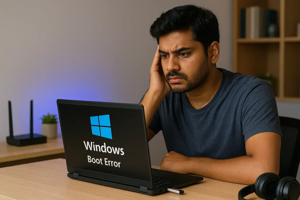 Windows 10 boot error Indian man trying to fix Windows 10 boot error on laptop