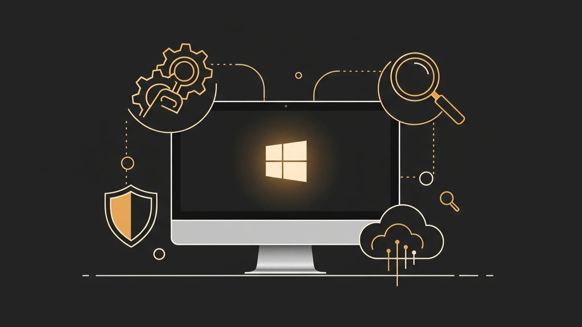 Small illustration of a computer screen with tech icons, symbolizing trusted Windows PC guides and solutions