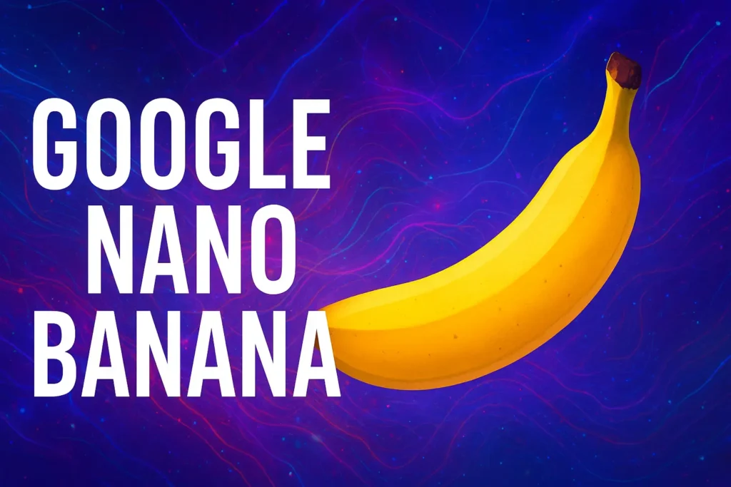 Google Nano Banana AI image editing tool illustration with banana and digital abstract background