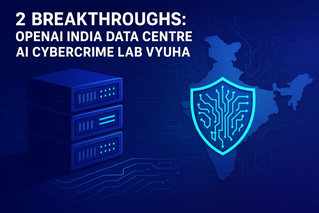 OpenAI India Data Centre and AI Cybercrime Lab Vyuha in Telangana showcasing servers, cybersecurity shield, and India map