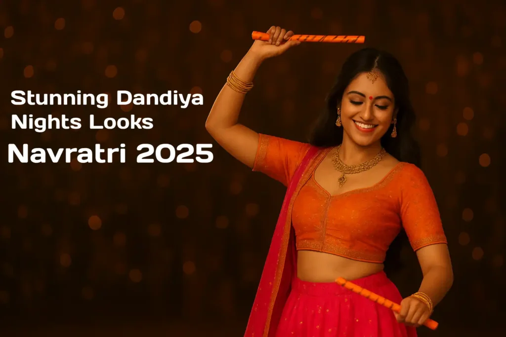 Young woman in vibrant orange and pink lehenga dancing with dandiya sticks for stunning Navratri 2025 look Gemini Nano Banana AI prompts