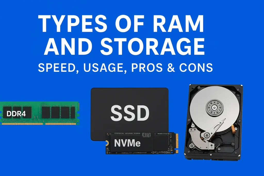 Types of RAM and Storage - DDR4 RAM, SSD, NVMe, and HDD explained with speed, usage, pros and cons