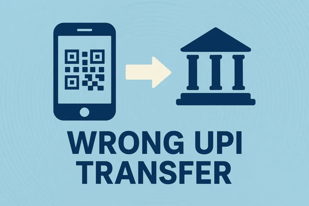 Digital illustration showing Wrong UPI Transfer recovery with mobile phone, QR code, and support icons.