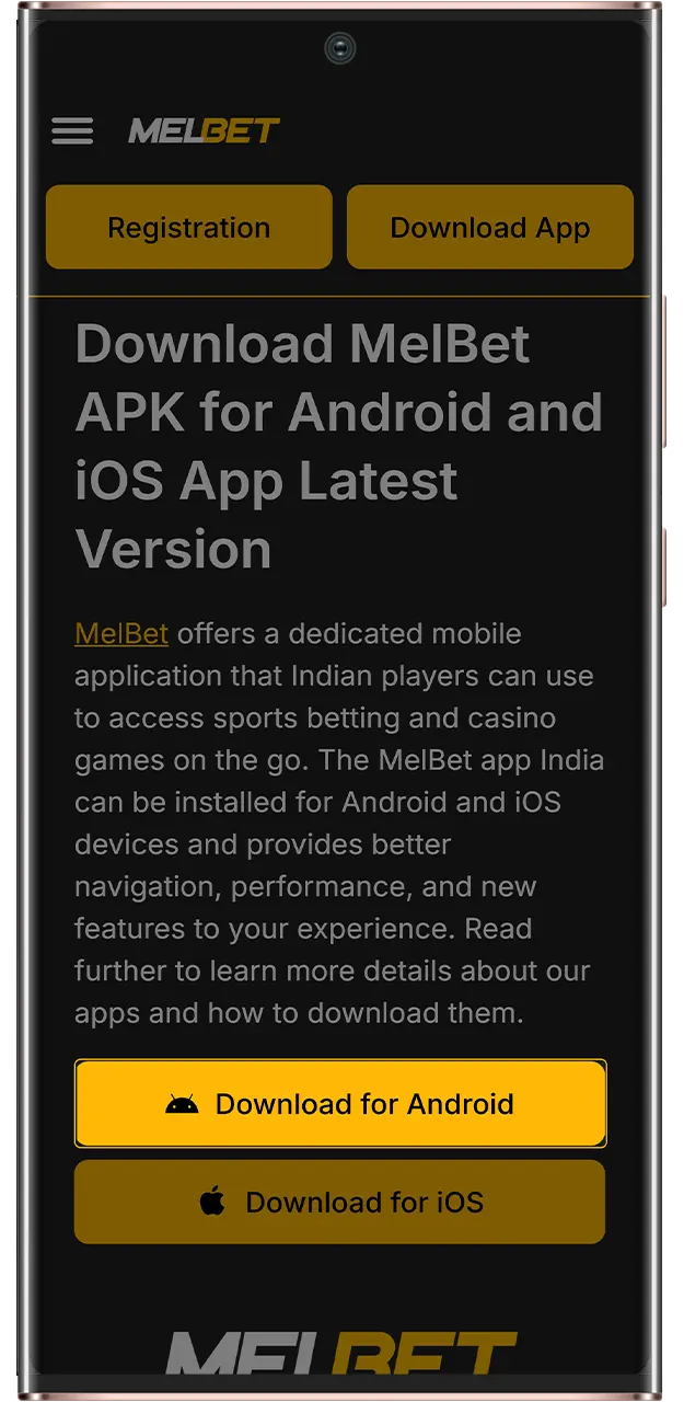 Start the process of downloading the MelBet app on the official website.