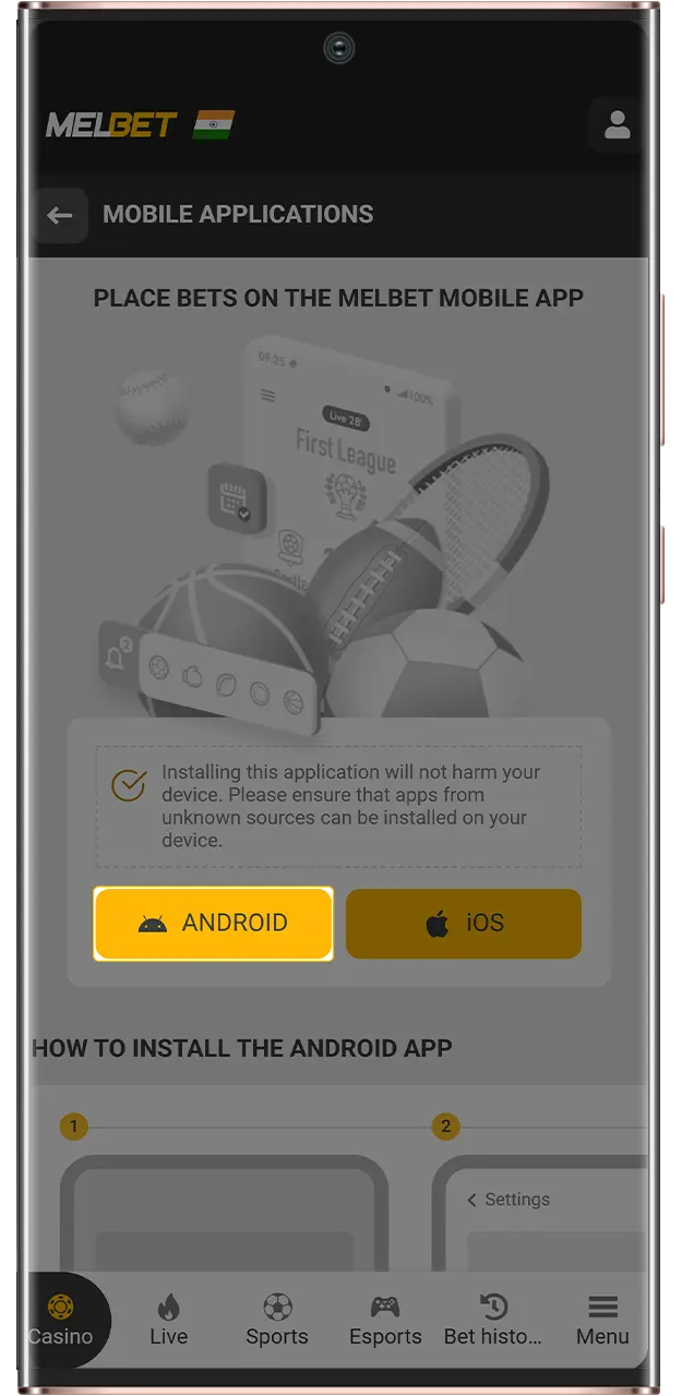Start installing the MelBet app on Android.