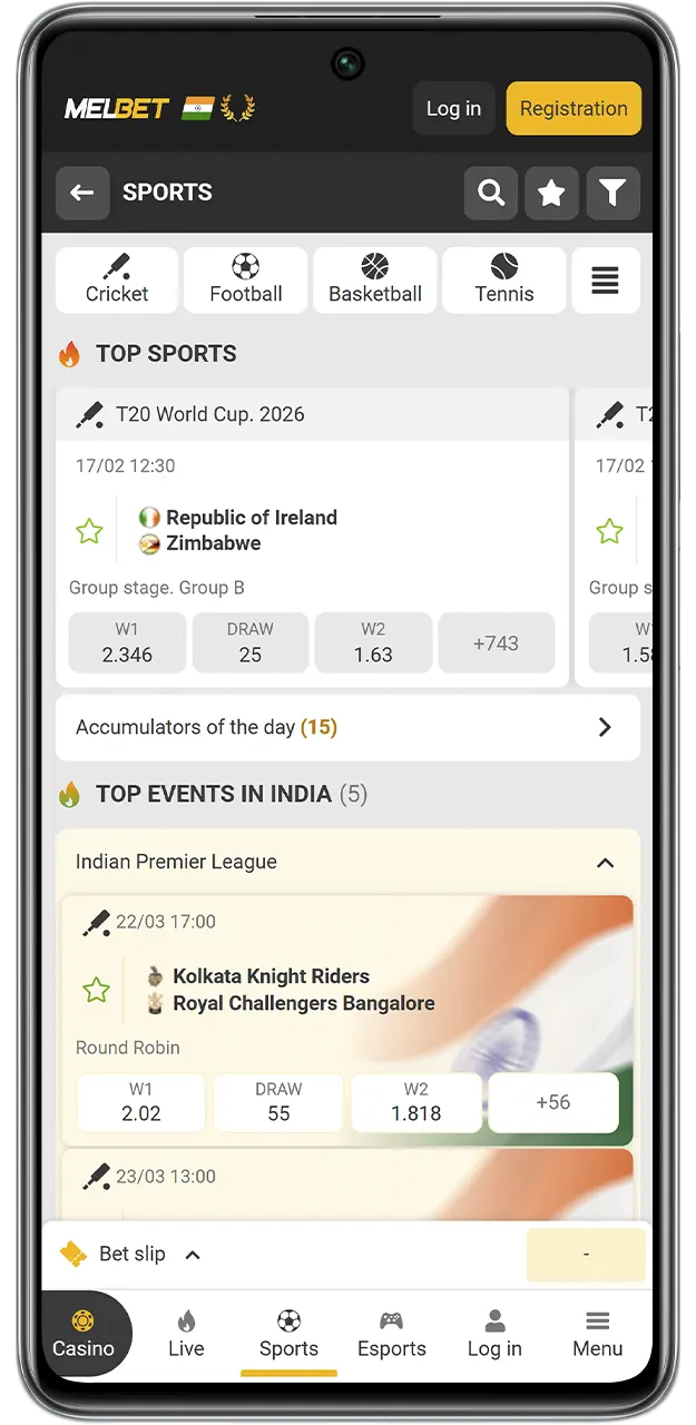 Browse betting markets in the MelBet app.