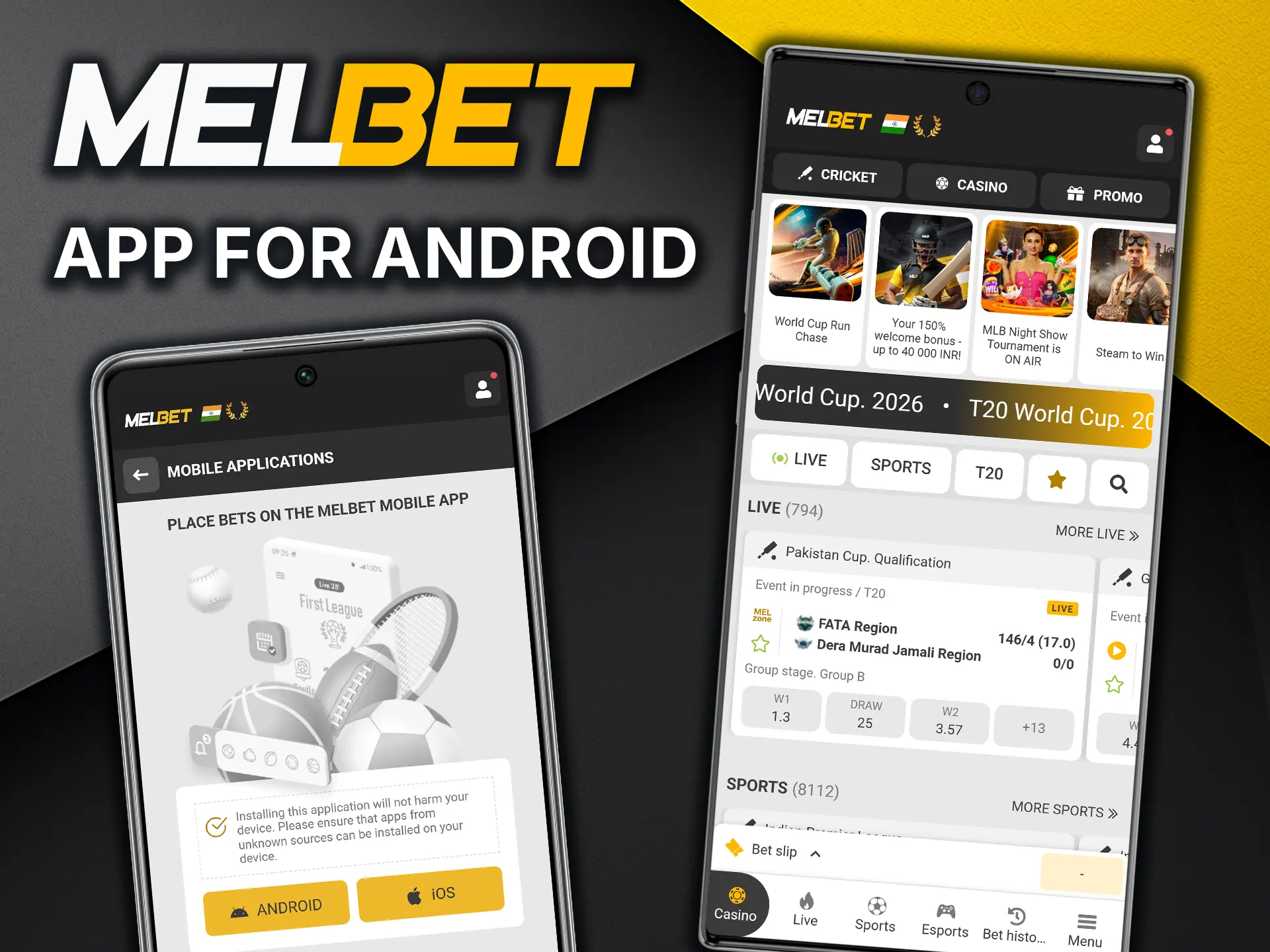 Install MelBet APK on your Android device for convenience.