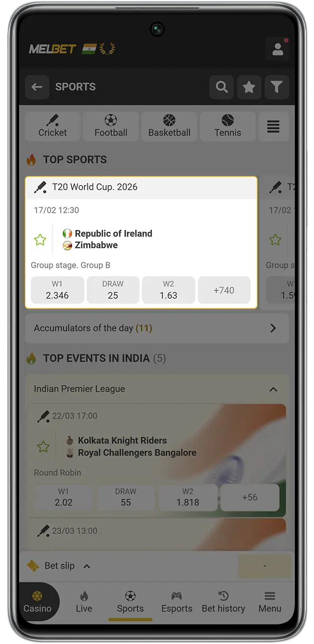 Choose your winning outcome from the MelBet sports betting list.