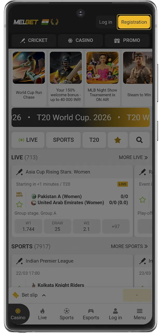 Tap the join button to start your official MelBet registration.