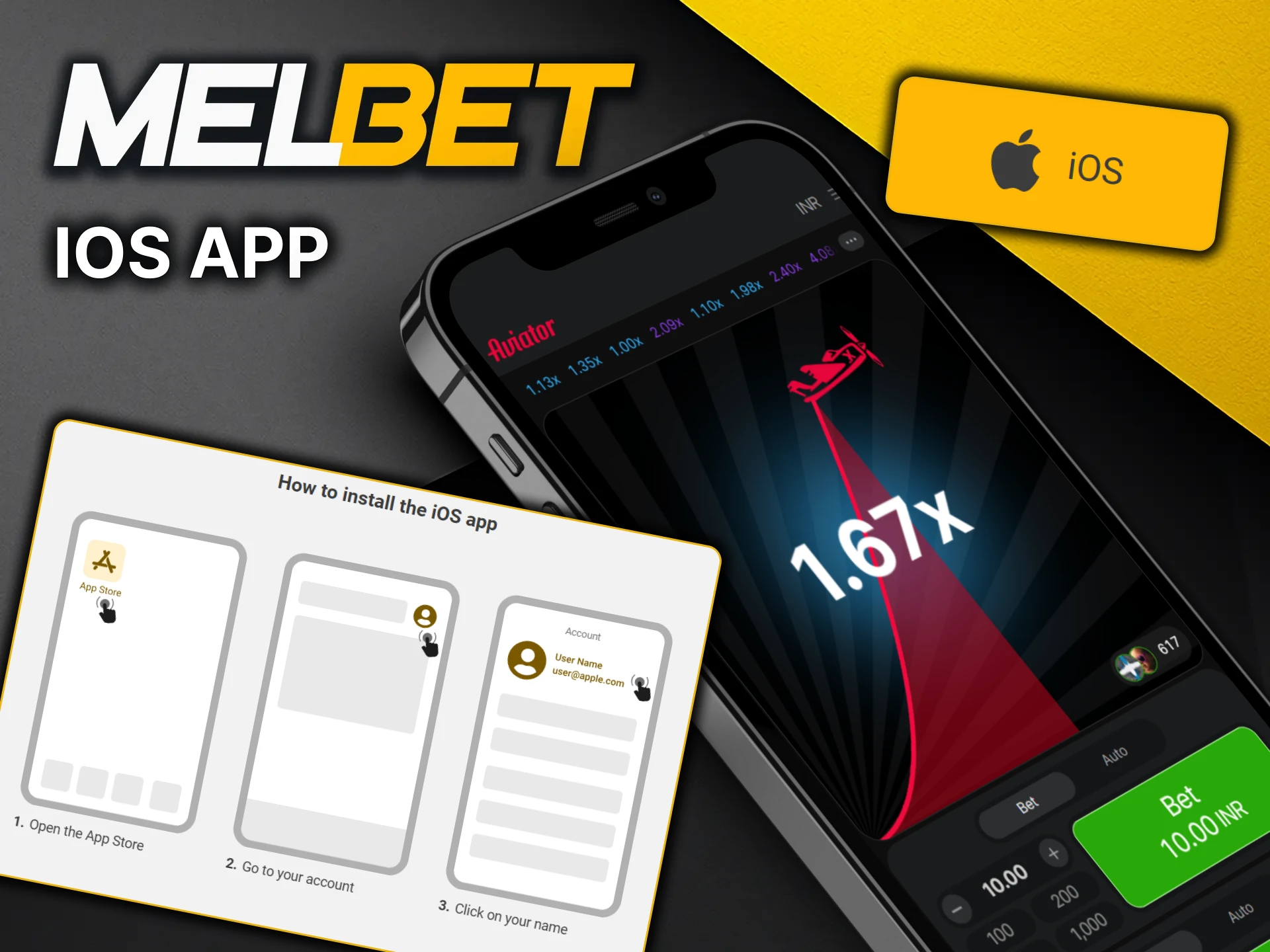 Get a mobile version of MelBet for iOS devices and play Aviator.
