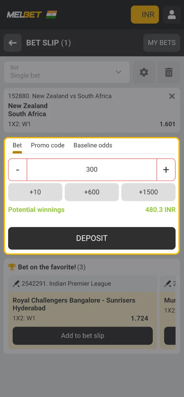 Add the bet amount on MelBet and confirm to complete the process.