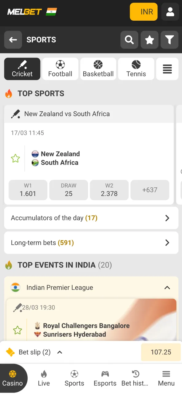 Select a cricket match on MelBet through the left menu section.