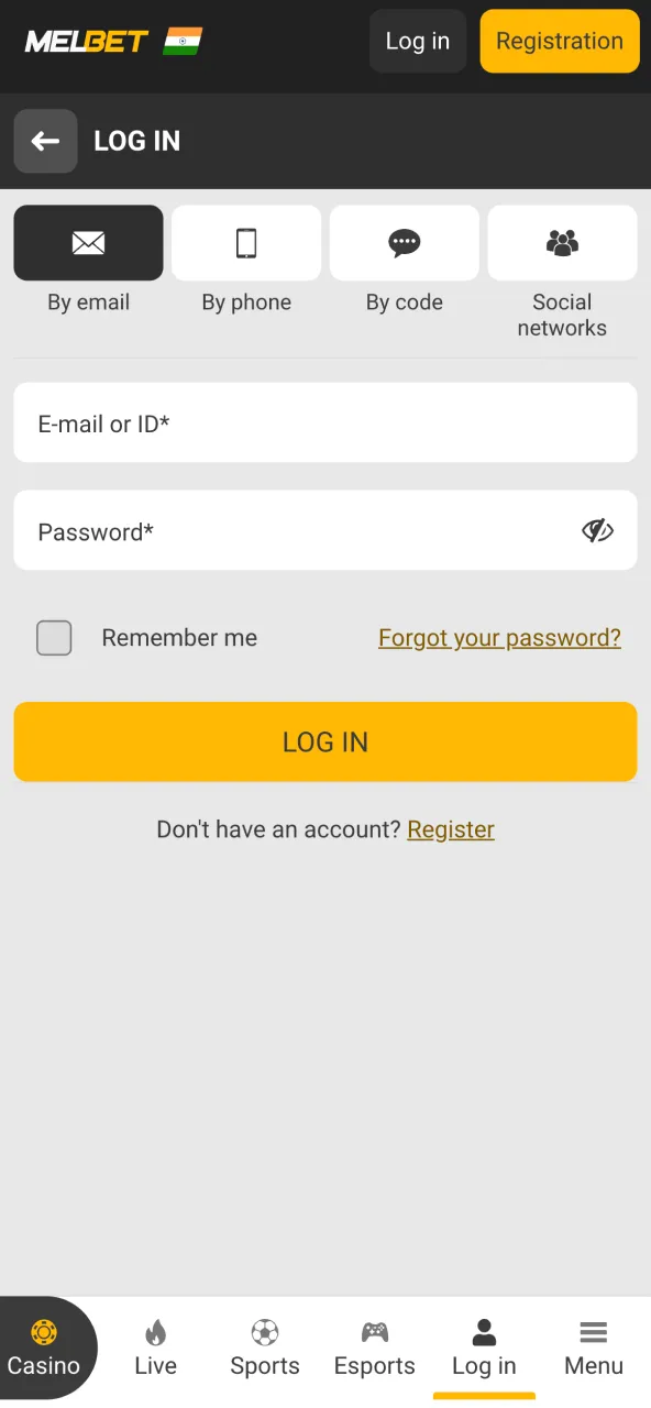 Enter your MelBet account details to reach the betting area.