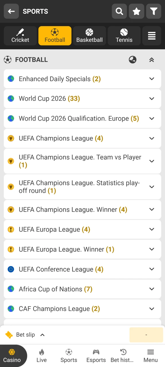 Search for matches and leagues in the MelBet football section.