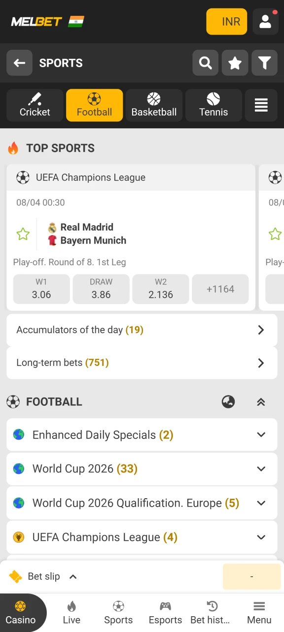 Open the sports section on the MelBet website.