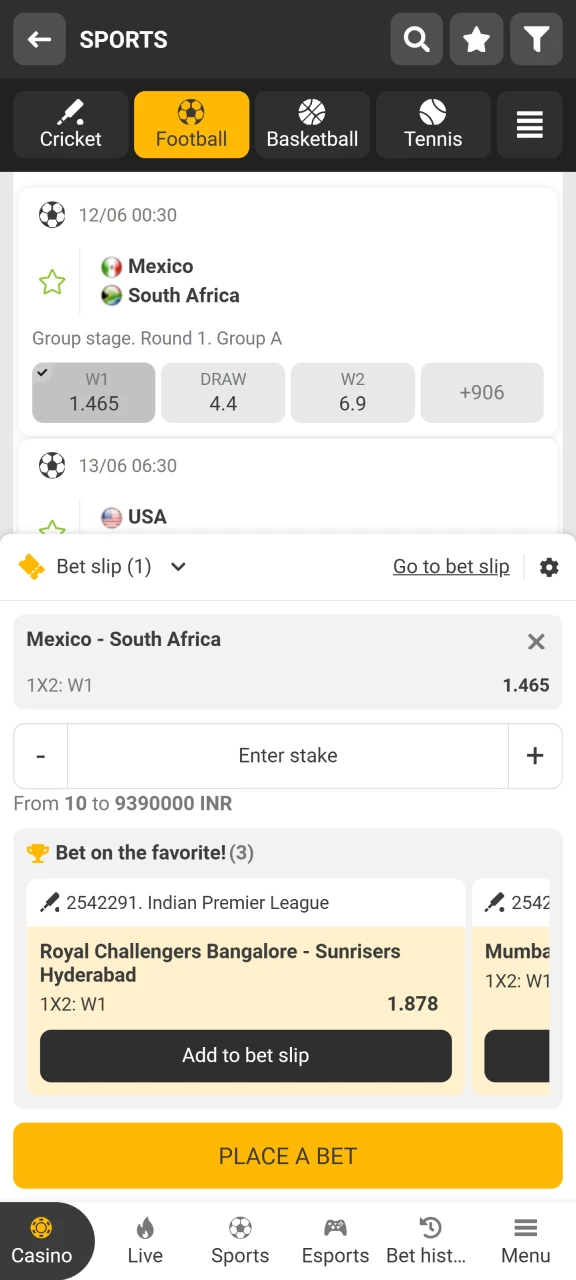 Choose your bet and place it at MelBet.