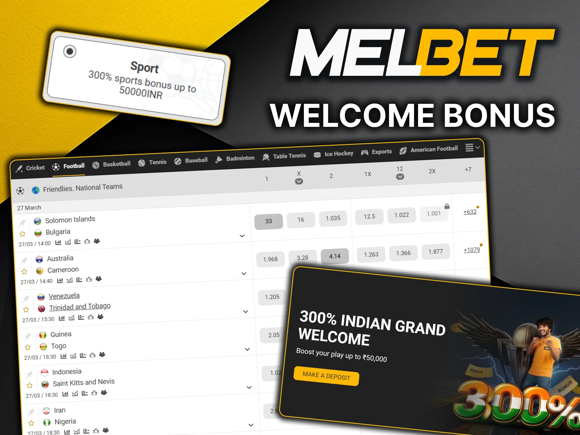 When registering at MelBet, select the welcome bonus available for football betting.