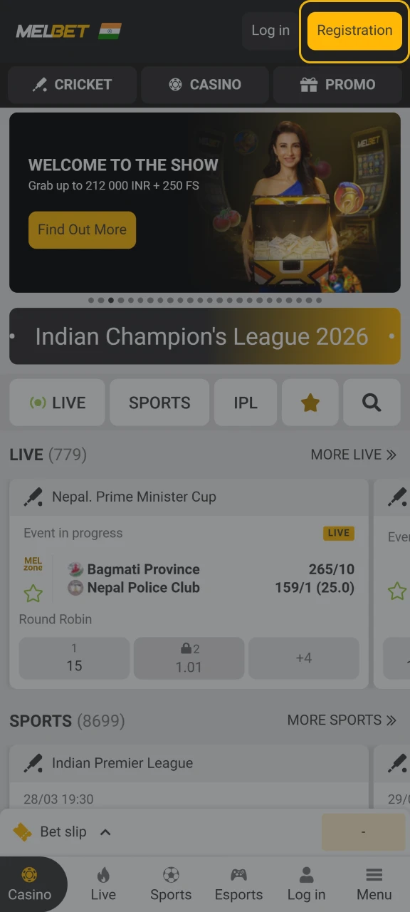 Click the Registration button on the MelBet website.