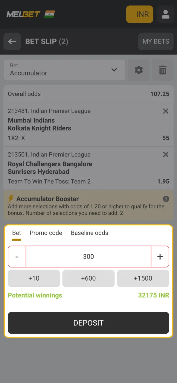 Enter your MelBet stake to finalize and place the bet.