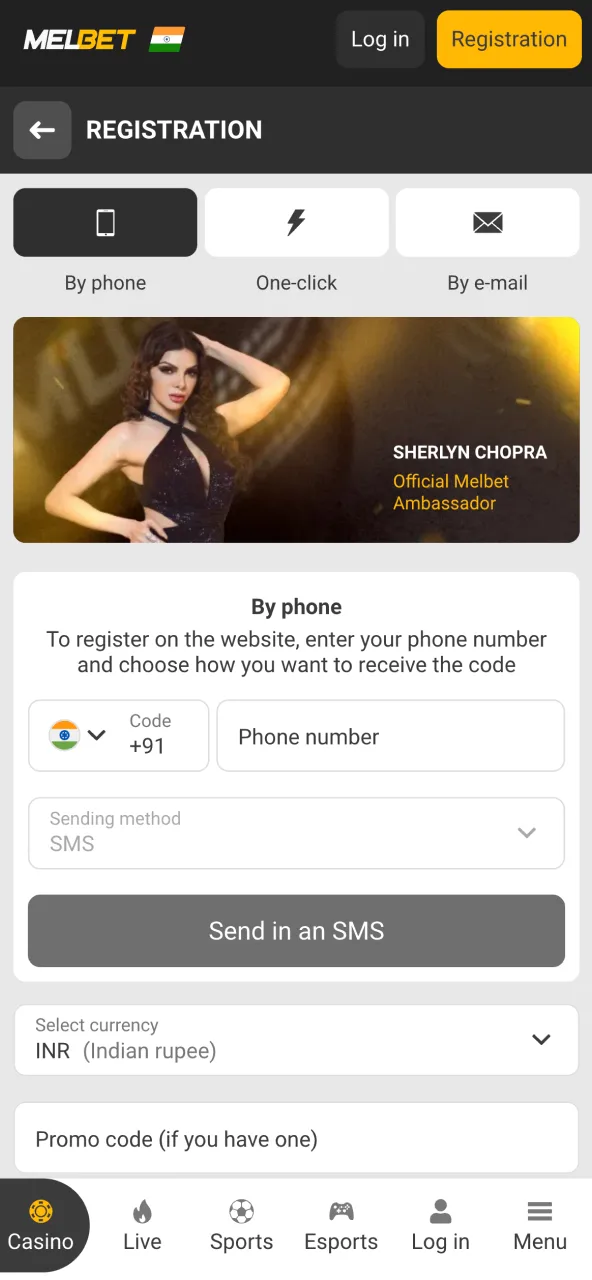 MelBet registration step for creating an account with personal details.