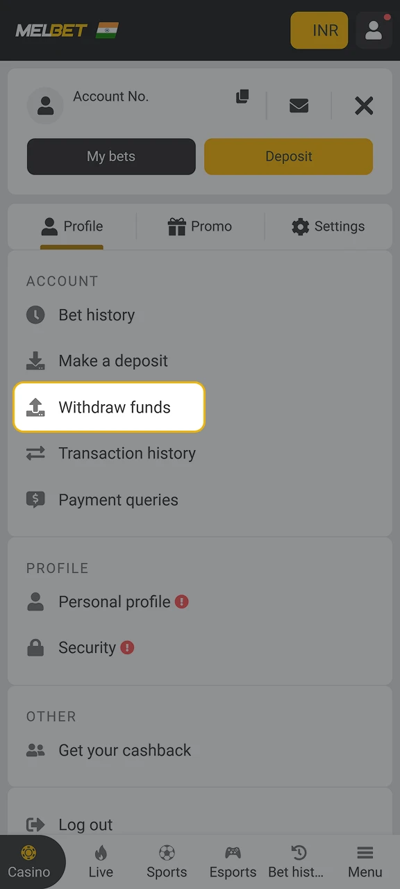 Find the Withdrawal button in the MelBet menu.
