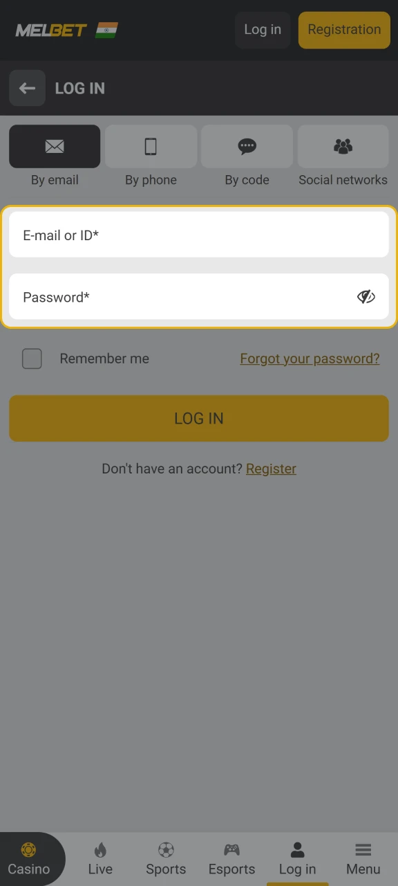 Enter your email and password in the MelBet login form.