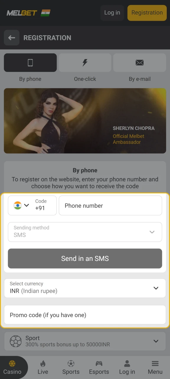 Add your phone or email, and create a password to register at MelBet.