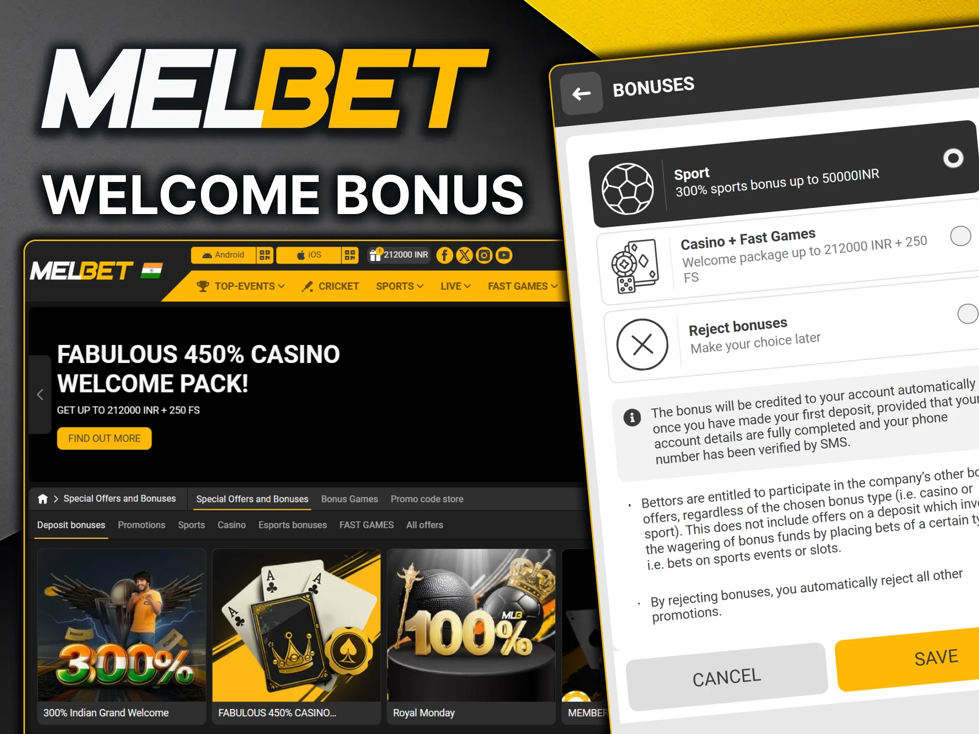 Register at MelBet and choose your welcome bonus.