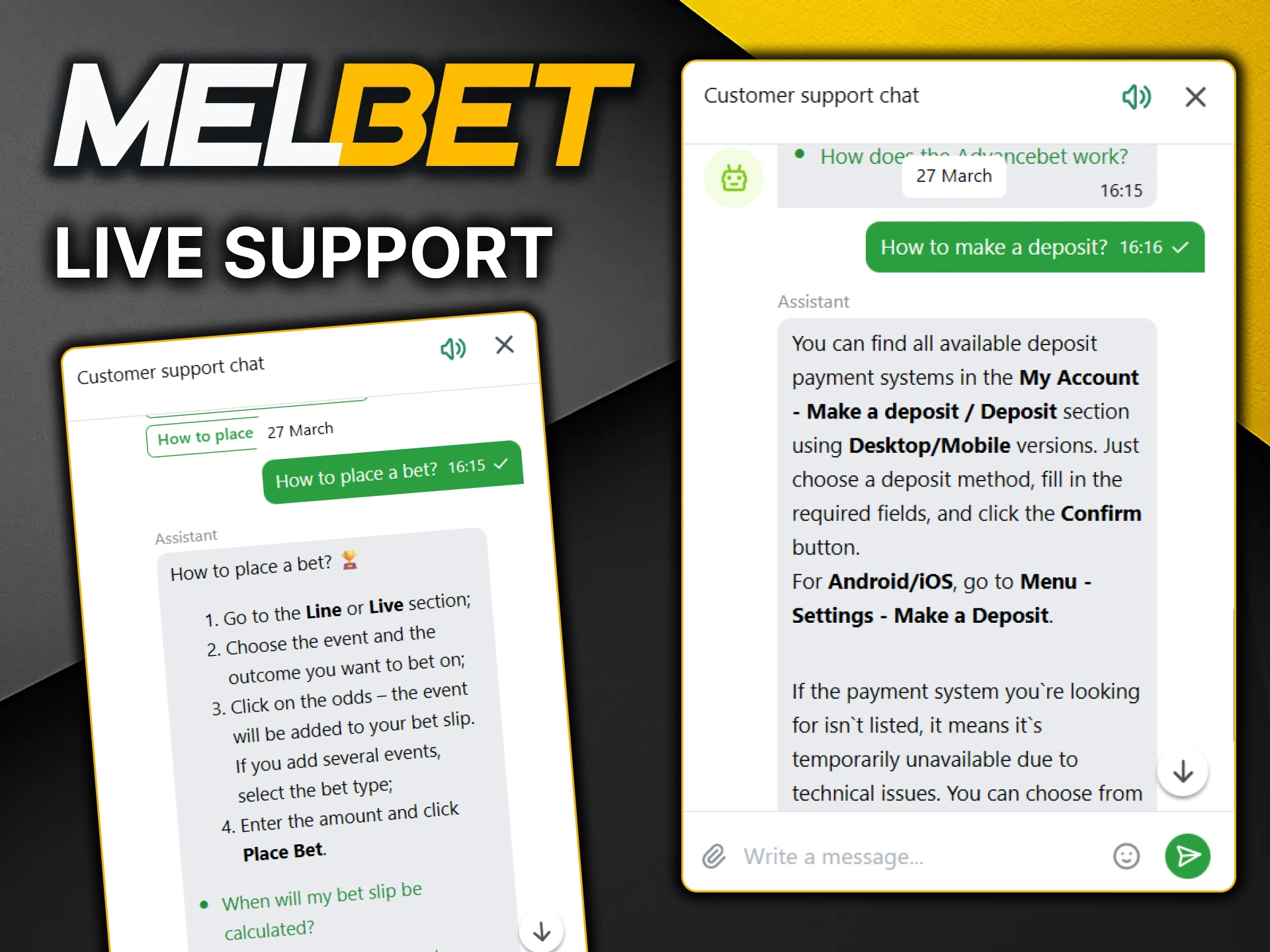 Use the online chat to ask MelBet support questions.