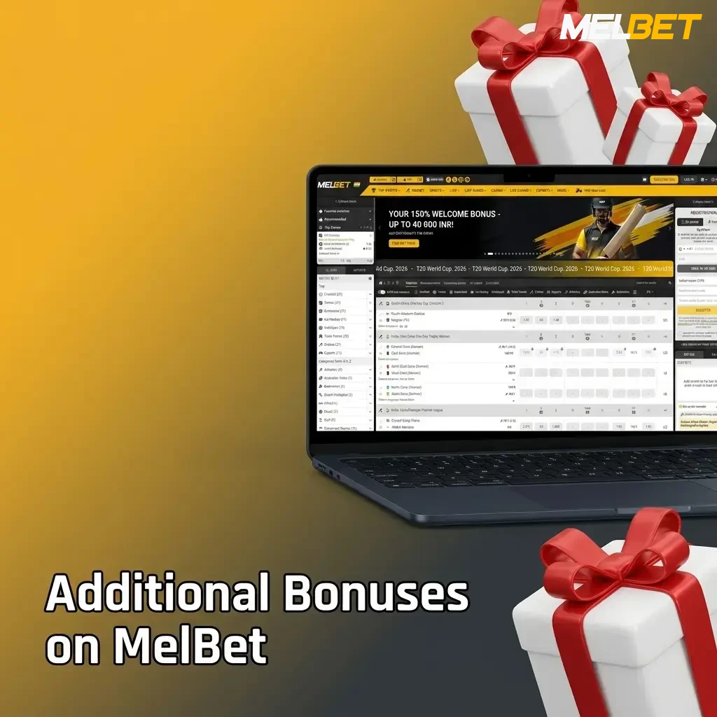 Additional MelBet bonuses including VIP Cashback, Accumulator of the Day, 100 Bets Bonus, and Birthday offers.