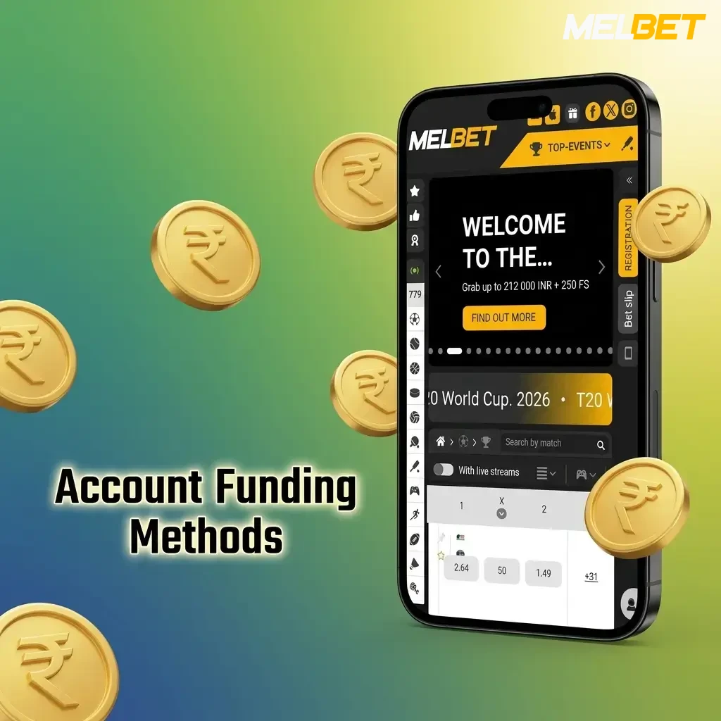 MelBet account funding methods in India, detailing zero-fee deposit limits for UPI, PayTM, Bank Transfer, and crypto.