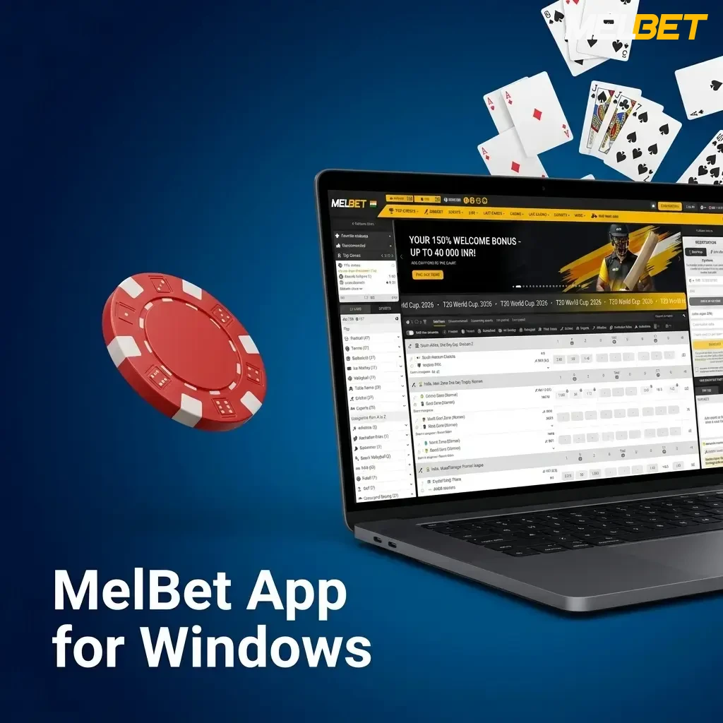 MelBet Windows app desktop interface showing the download monitor icon and installation steps.