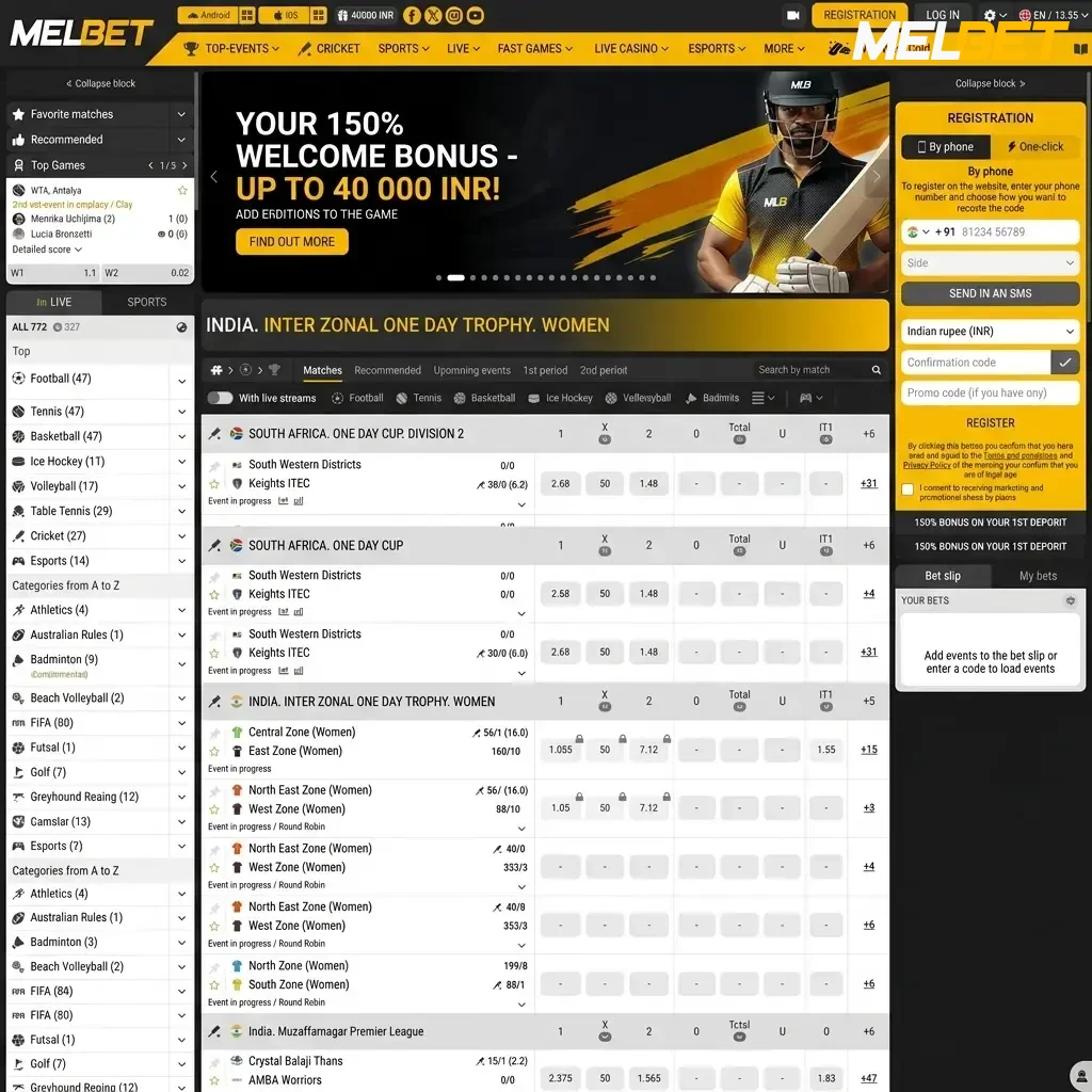 MelBet betting markets in India offering odds on 40+ sports including cricket, football, and tennis.