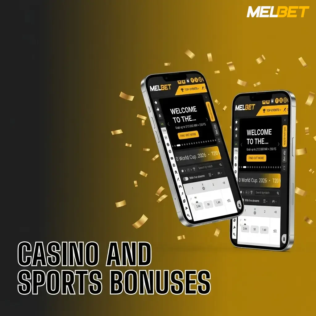 MelBet casino and sports bonuses, including a 212,000 INR welcome offer, free spins, and VIP betting promotions.