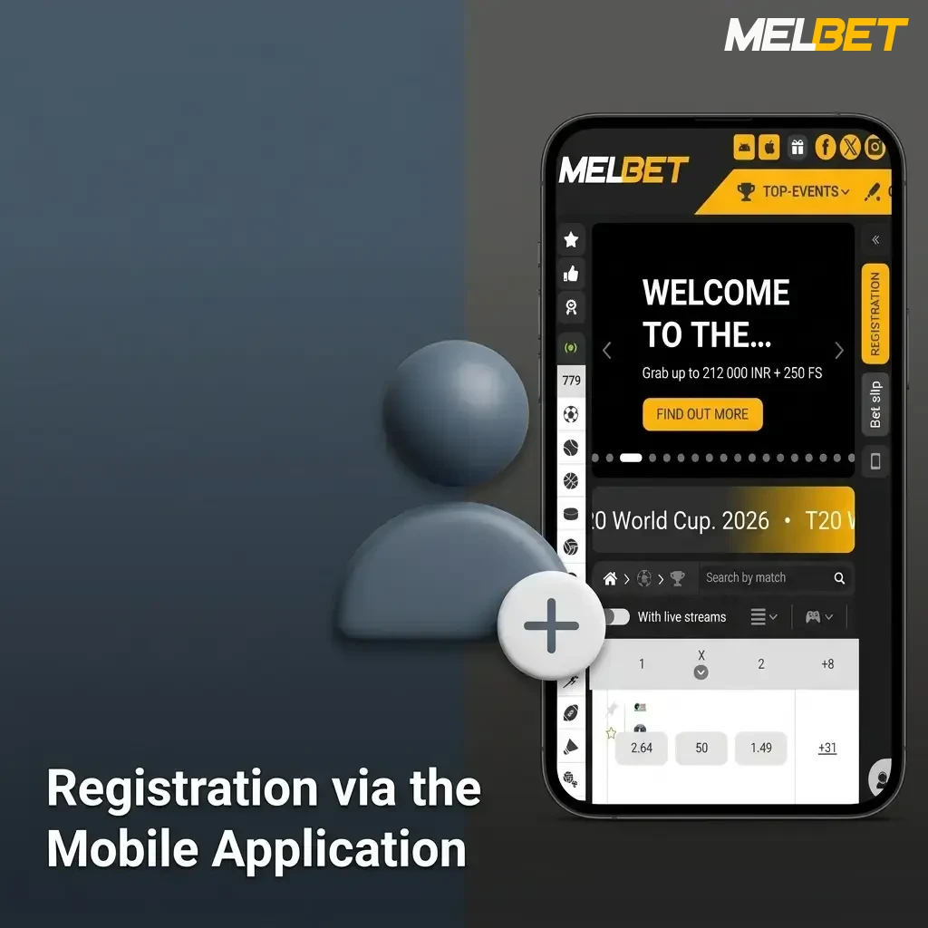 Steps for MelBet mobile app registration: clicking sign up, entering details, selecting INR, and finalising the account.